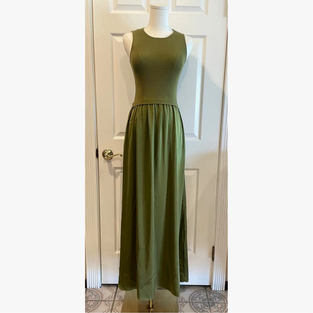 Taylor Mixed Media Knit to Satin Maxi Dress Olive Green Pleated Size XS